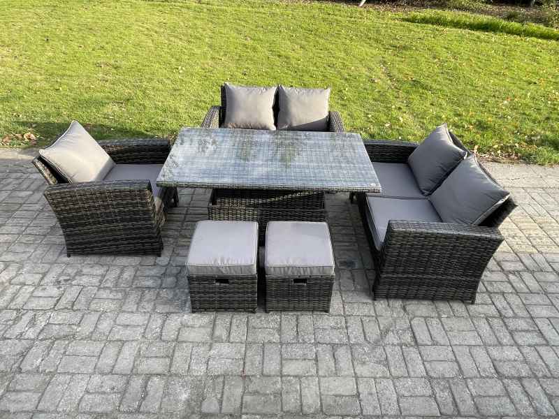 Fimous 7 Seater Rattan Outdoor Garden Furniture Sofa Set with 2 Small Footstool Dark Grey Mixed