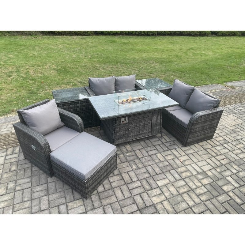 Fimous Rattan Garden Furniture Set with Gas Fire Pit Dining Table,2 Side Tables and Big Footstool Indoor Outdoor 7 piece Loveseat Sofa set