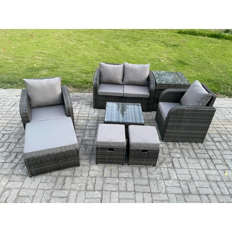 Fimous Rattan Garden Furniture Set Patio Conservatory Indoor Outdoor 8 Piece Set with Love Sofa Square Coffee Table 3 Footstools Side Table