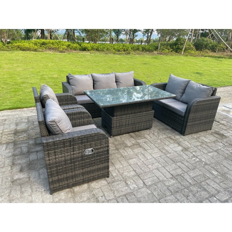 Fimous Dark Mixed Grey Rattan Outdoor Garden Furniture Lifting Adjustable Dining Or Coffee Table Sets Love Seat 2 Seater Sofa 3 Seater Sofa Reclining Chairs 7 Seater