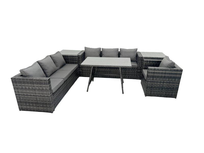 Fimous Rattan Dining Table Sofa Set with 2 Side Tables Outdoor 7 Seat Garden Furniture Set Dark Grey Mixed
