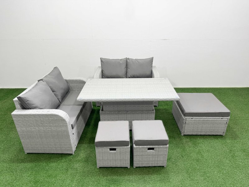 Fimous 7 Seater Outdoor Love Sofa Set Rattan Garden Furniture Set with Adjustable Lifting Dining or Coffee Table 3 Footstool Light Grey