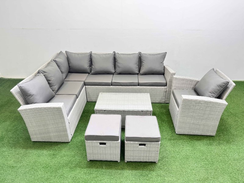 Fimous 9 Seater Garden Outdoor PE Rattan Furniture Set Rattan Garden Sofa Set with 2 Small Footstools Light Grey Mixed