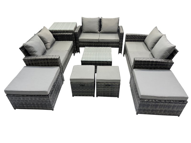 Fimous PE Rattan Garden Furniture Set Lounge Double Seat Sofa Coffee Table Set with Side Table 4 Stools Dark Grey Mixed