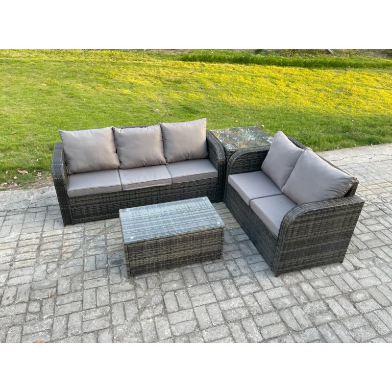Fimous 5 Seater Rattan Wicker Garden Furniture Patio Conservatory Sofa Set with Rectangular Coffee Table 3 Seater Sofa Love Sofa Side Table