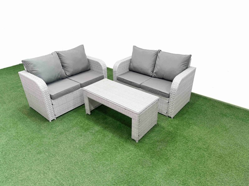 Fimous 4 Seater Outdoor Love Sofa Set Rattan Garden Furniture Set with Oblong Coffee Table Light Grey