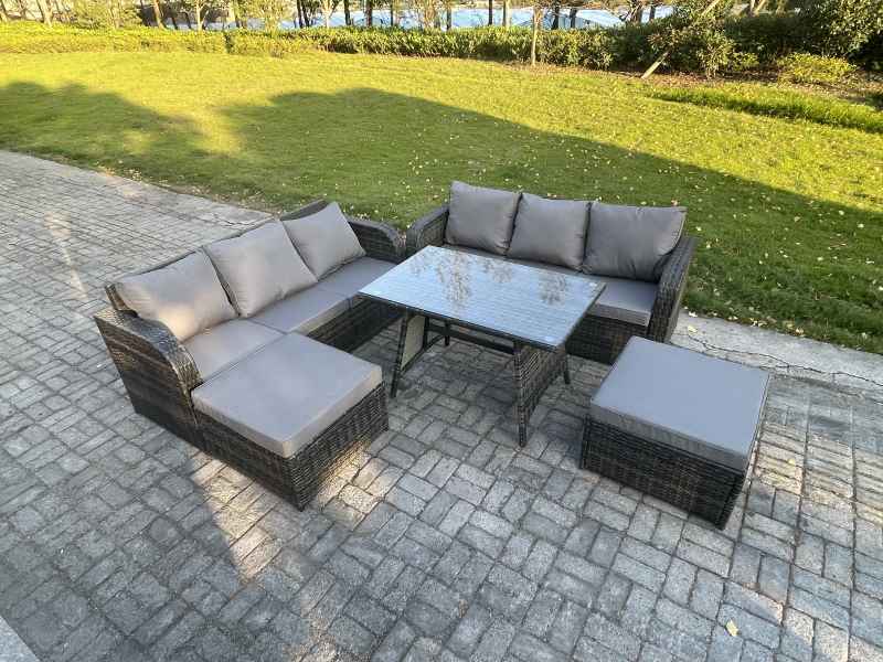 Fimous Garden Furniture Sofa Set Rectangular Dining Table 2 Big Footstool Indoor Outdoor 8 Seater Rattan Set Dark Grey Mixed