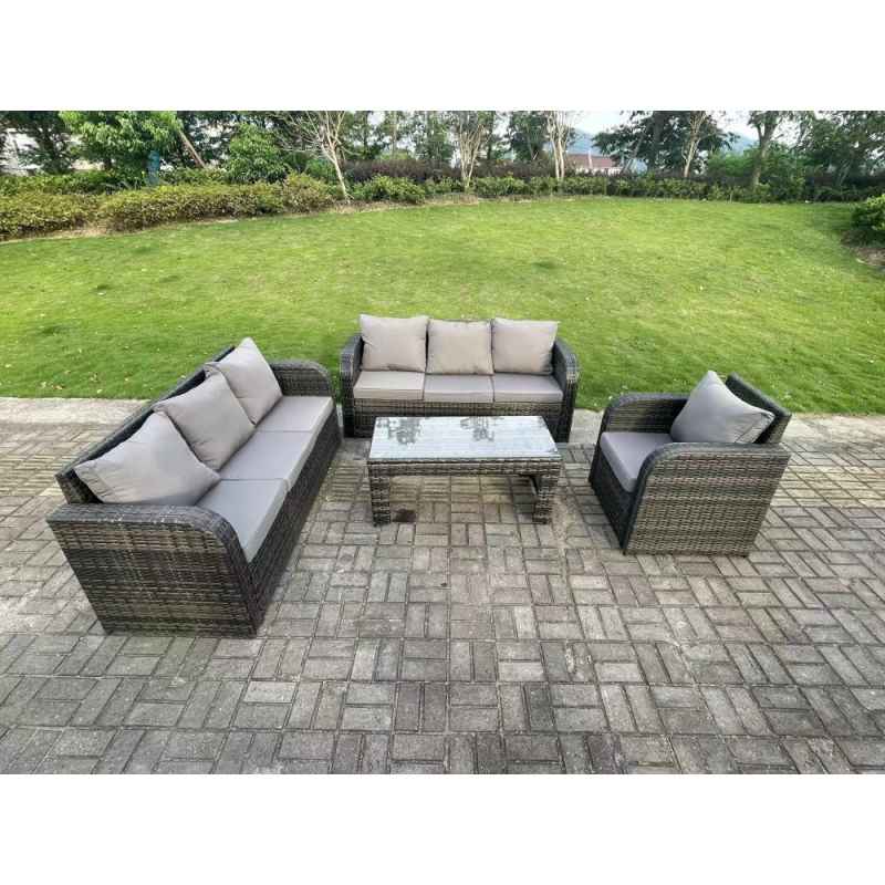 Fimous 7 Seater Dark Grey PE Wicker High Back Rattan Garden Furniture Set Reclining Chair Lounge 3 Seater Sofa Set Outdoor Rectangular Coffee Table