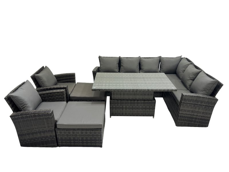 Fimous 10 Seat Rattan Garden Furniture Corner Sofa Set Outdoor Adjustable Lifting Dining or Coffee Table Set with 2 Big Footstools Dark Grey Mixed