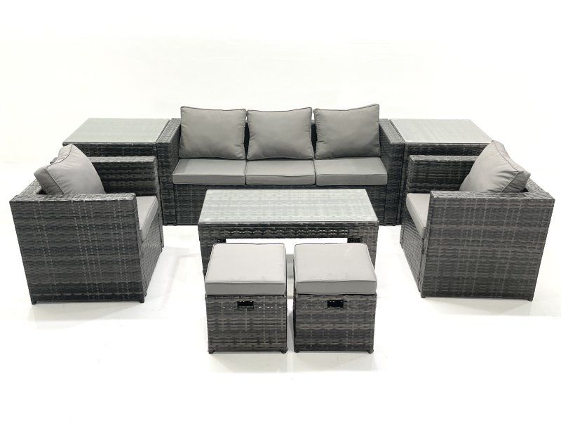 Fimous Rattan Garden Furniture Set Outdoor Lounger Sofa with Coffee Table 2 Armchair 2 Small Footstools 2 Side Tables Dark Grey Mixed