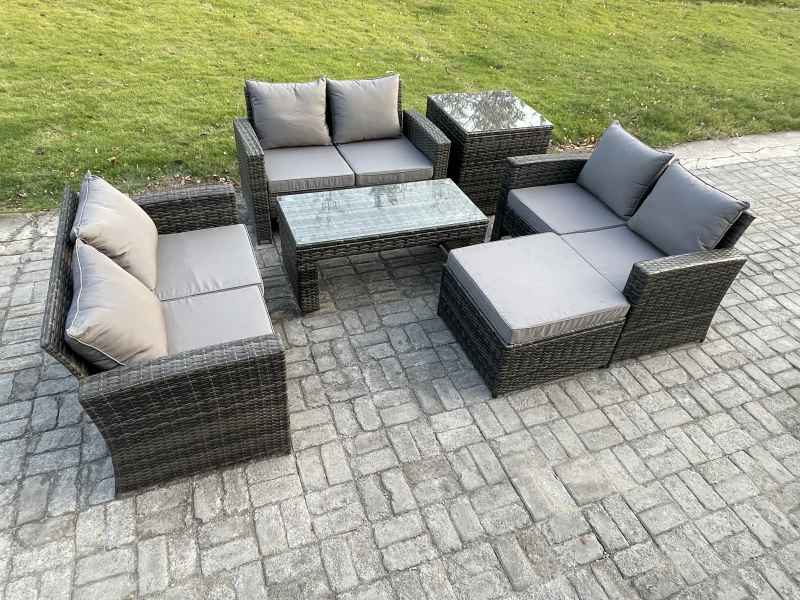 Fimous 7 Seater Rattan Wicker Garden Furniture Patio Conservatory Sofa Set with Coffee Table Double Seater Sofa Big Footstool Side Table