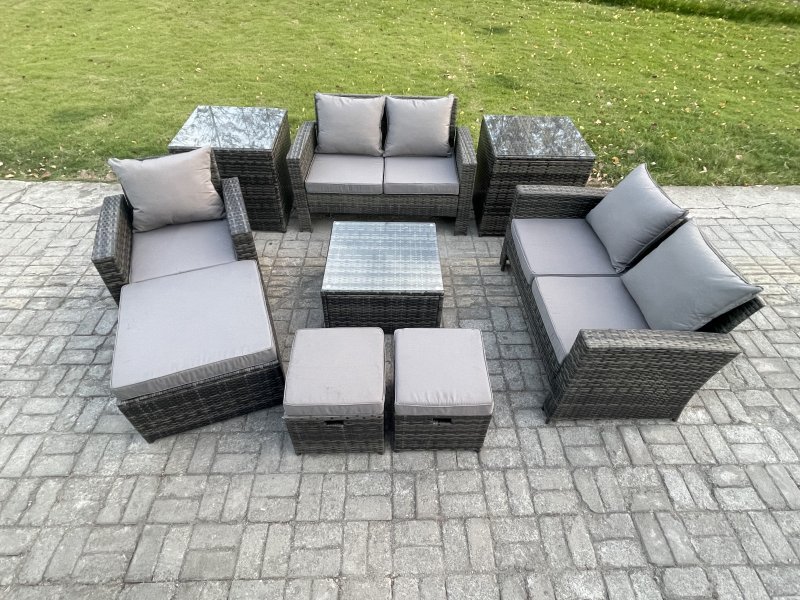 Fimous 8 Seater Outdoor Rattan Garden Furniture Set Conservatory Patio Sofa Coffee Table Set with Chair 2 Side Tables 3 Footstools Dark Grey Mixed