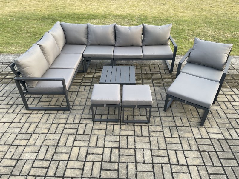Fimous 10 Seater Outdoor Lounge Corner Sofa Set Aluminum Garden Furniture Sets with Square Coffee Table Chair 3 Footstools Dark Grey