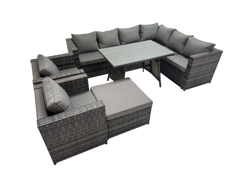 Fimous Rattan garden furniture Patio Furniture Sets with Dining Table Big Stool 2 Chair Dark Grey Mixed