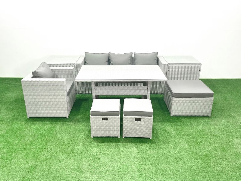 Fimous Rattan Garden Furniture Dining Set 7 Seater Lounge Sofa Chair Dining Table Set with 3 Footstools 2 Side Tables Light Grey Mixed