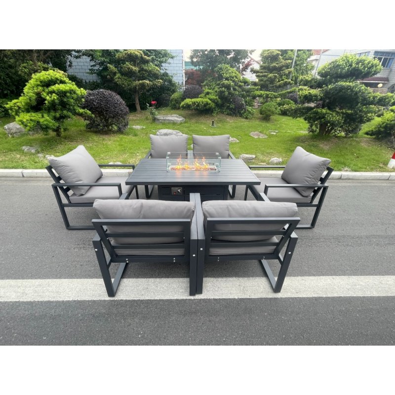 Fimous Aluminum Top 6 Seat Garden Furniture Dining Set Gas Fire Pit Table And Chairs Burner Heater Patio Outdoor Dark Grey