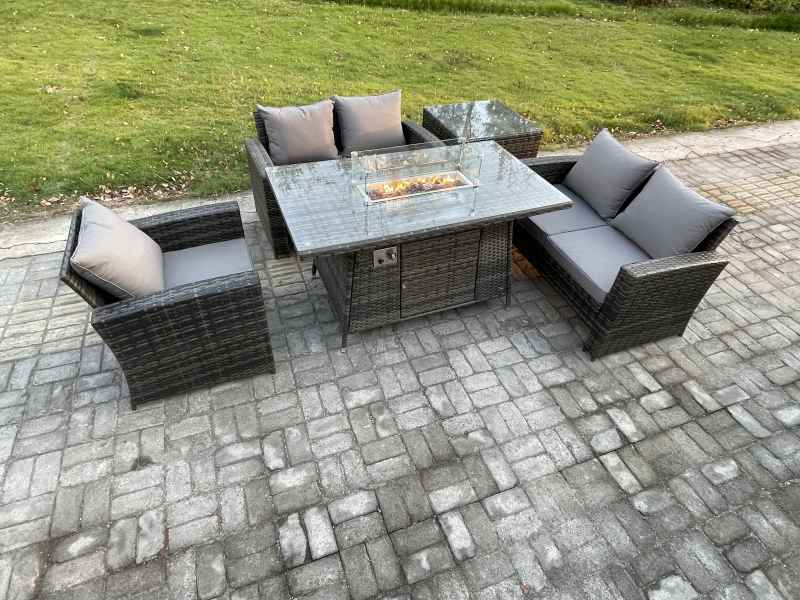 Fimous Rattan Outdoor Garden Furniture Gas Fire Pit Table Sets Gas Heater with Love Sofa Armchair Side Table 5 Seater Dark Mixed Grey