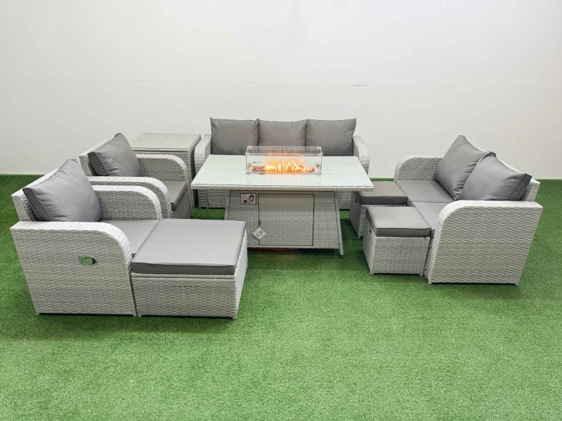 Fimous PE Rattan Garden Furniture Set Reclining Chair Sofa Double Love Seat 2 Seater Sofa Lounge Set Firepit Dining Table 3 Stools Side Table Light Grey