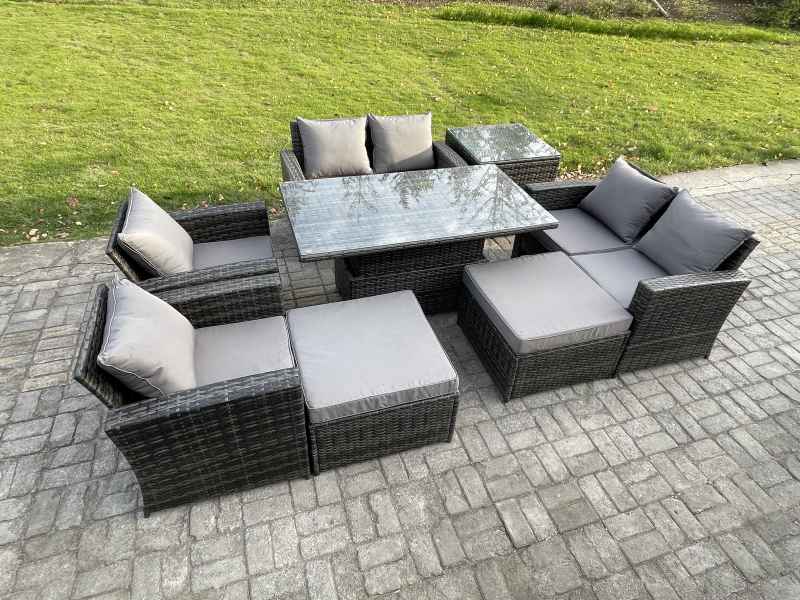 Fimous Outdoor Garden Furniture Sets 8 Pieces Wicker Rattan Furniture Sofa Dining Table Set with 2 Big Footstool Side Table Dark Grey Mixed