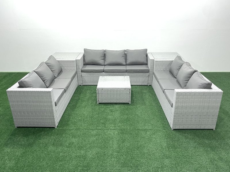 Fimous Rattan Garden Outdoor Furniture Set 9 Seater Rattan Garden Sofa Set with 2 Side Tables Light Grey Mixed