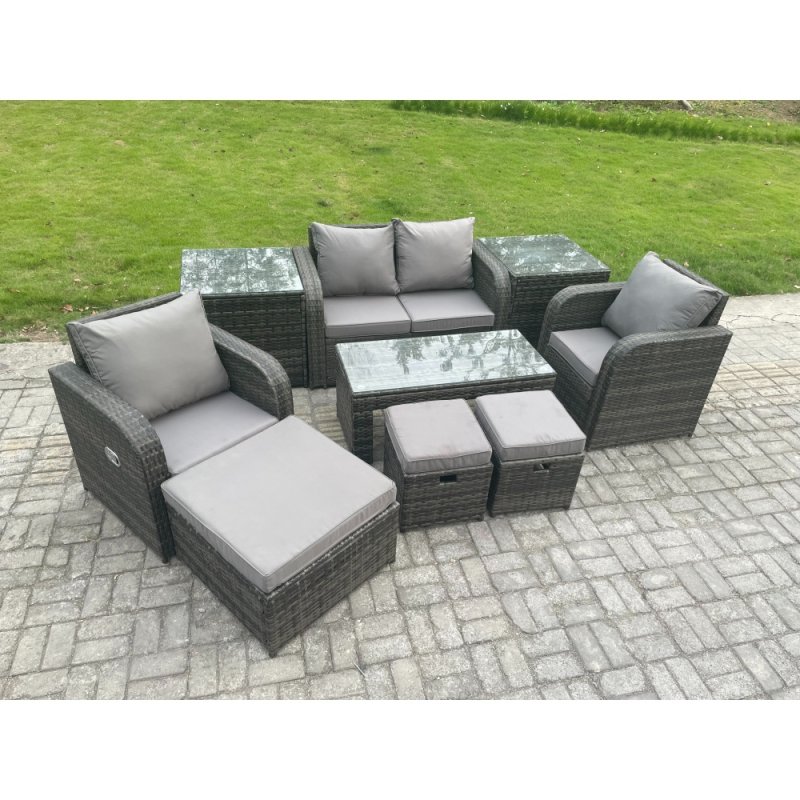 Fimous Rattan Lounge Sofa Set Outdoor Garden Furniture Set with Rectangular Coffee Table Love Sofa 2 Side Tables 3 Footstools Dark Grey Mixed