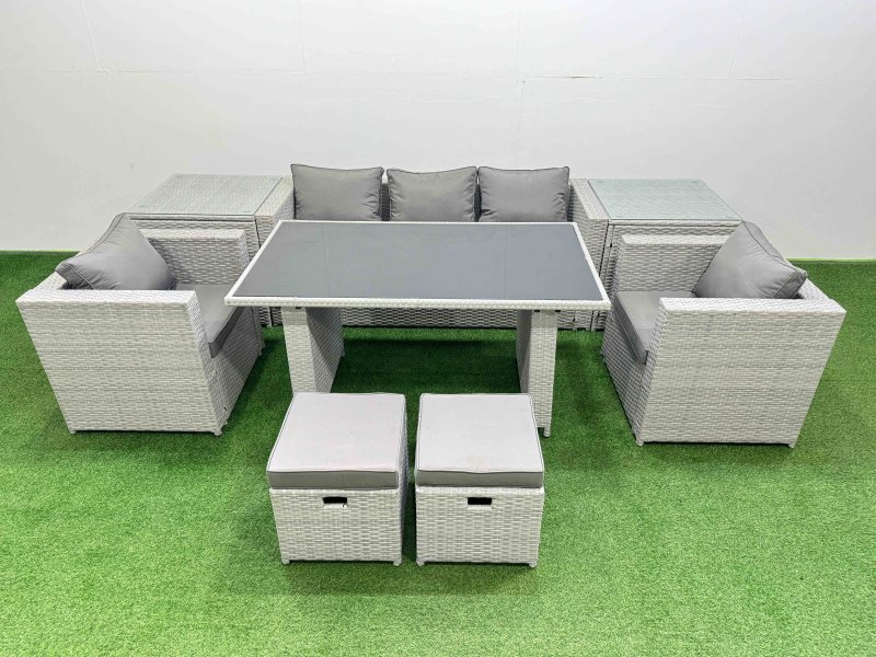 Fimous Patio Garden Furniture Sets with Black Glass Top Dining Table Armchair 3 Seater Sofa 2 Side Tables 2 Small Stool Light Grey