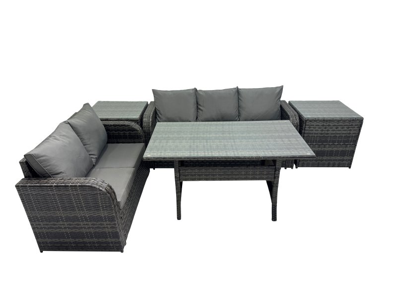 Fimous 5 Seat Outdoor Wicker PE Rattan Garden Furniture Set Dining Table Sofa Sets with 2 Side Tables Dark Grey Mixed