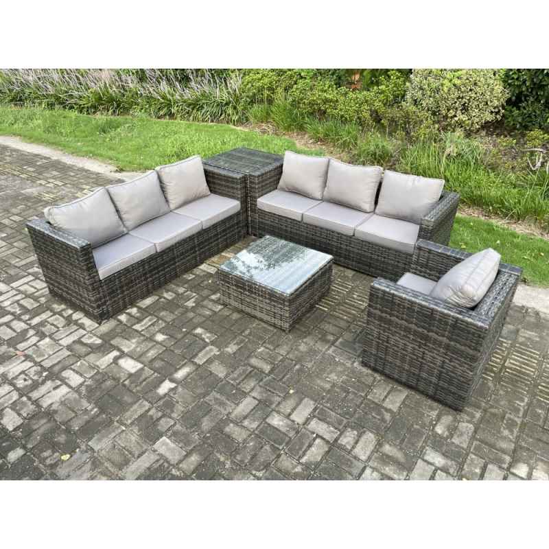 Fimous Rattan Garden Furniture Sofa Set with Armchair Square Coffee Table Side Table Indoor Outdoor 7 Seater Rattan Set Dark Grey Mixed