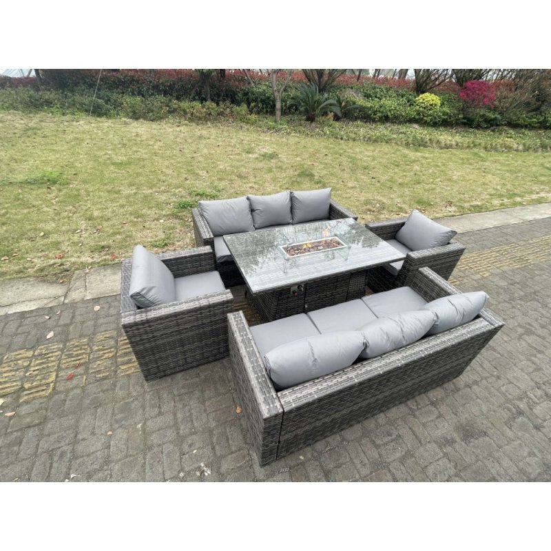 Fimous 8 Seater Outdoor PE Rattan Garden Furniture Gas Fire Pit Dining Table Set Lounge Sofa 2 PC Armchairs Dark Grey Mixed Patio