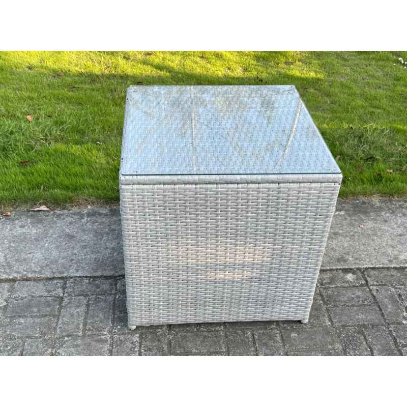 Fimous Light Grey Rattan Cube Side Table Tea Coffee Table Outdoor Garden Furniture Accessory With Clear Tempered Glass