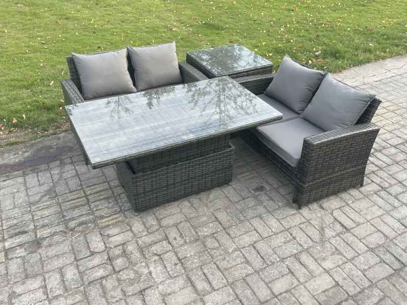 Fimous 4 Pieces Garden Furniture Sets Poly Rattan Outdoor Patio Height Adjustable Rising Lifting Table Sofa Dining Set for Garden Backyard Dark Grey Mixed