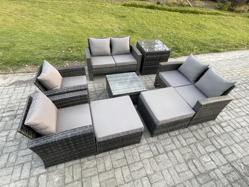 Fimous Outdoor Garden Furniture Sets 8 Pieces Wicker Rattan Furniture Manual Wicker Patio Sofa Patio Conversation Set with 2 Big Footstool Side Table Dark Grey Mixed