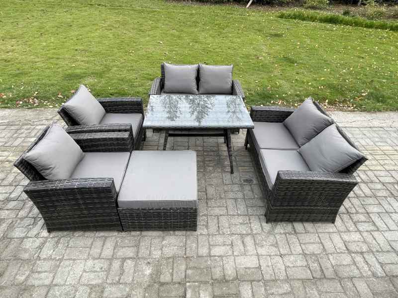 Fimous Rattan Garden Furniture Set 7 Seater Patio Outdoor Lounge Sofa Set with Rectangular Dining Table Love Seat Sofa Dark Grey Mixed