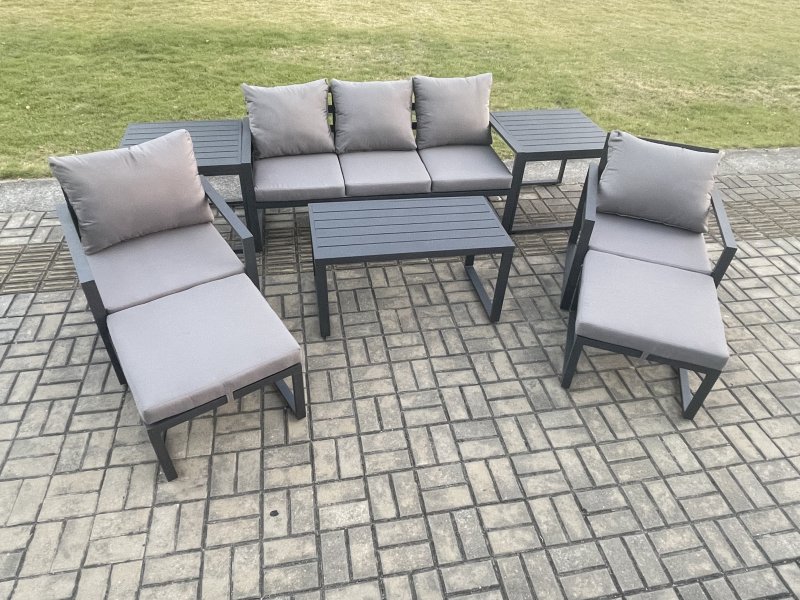 Fimous Aluminium 8 Pieces Garden Furniture Sofa Set with Cushions 7 Seater Outdoor Patio Set with 2 Armchair 2 Big Footstools 2 Side Tables Dark Grey