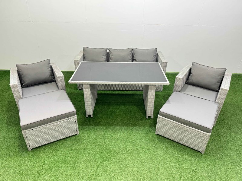 Fimous Patio Garden Furniture Sets with Black Glass Top Dining Table Armchair 3 Seater Sofa 2 Big Stool Light Grey