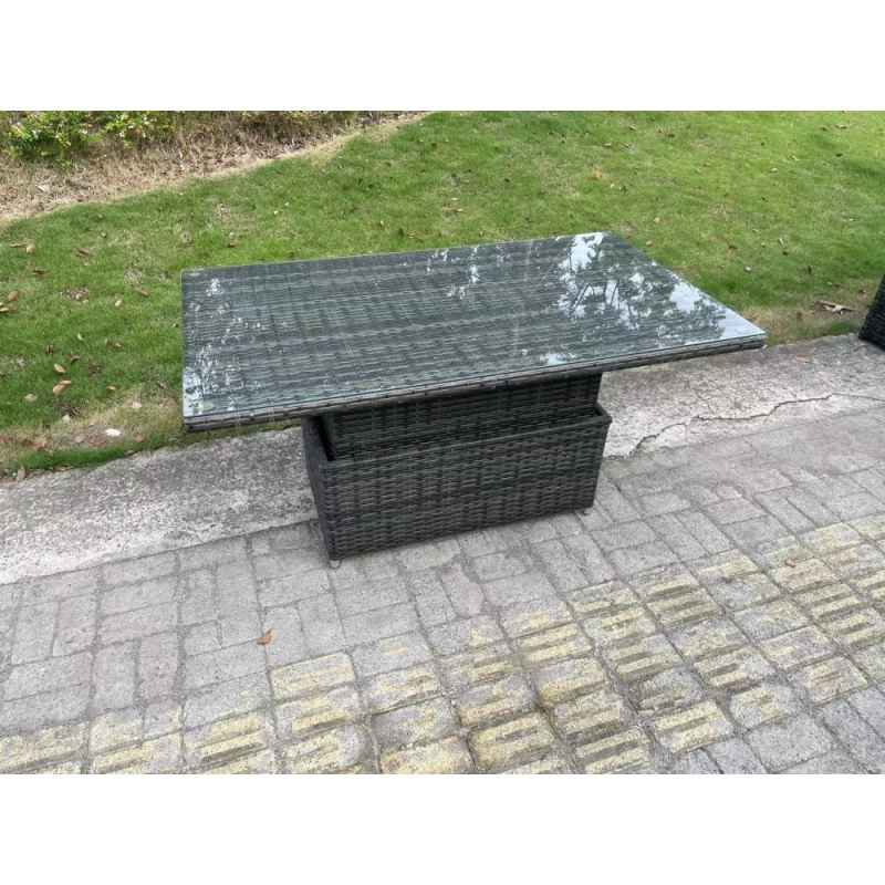 Fimous Wicker PE Rattan Furniture Garden Dining Set Outdoor Height Adjustable Rising lifting Table Love Sofa With Reclining Chair Big Footstool