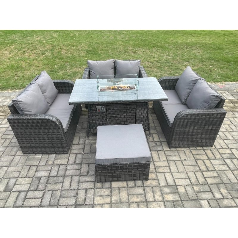 Fimous Rattan Outdoor Garden Furniture Sofa Set Gas Fire Pit Dining Table Gas Heater with Love Sofa Big Footstool Dark Grey Mixed