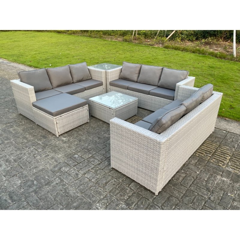 Fimous Light Grey Lounge Outdoor PE Rattan Garden Furniture Set Wicker Sofa Set Square Coffee Table Side Table Footstool