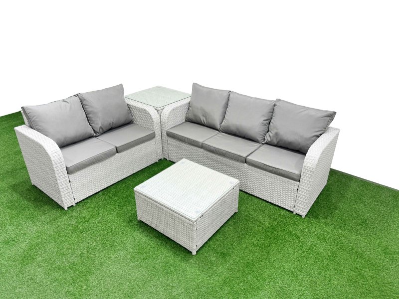 Fimous 5 Seater PE Rattan Wicker Garden Furniture Patio Conservatory Sofa Set with Square Coffee Table 3 Seater Sofa Love Sofa Side Table
