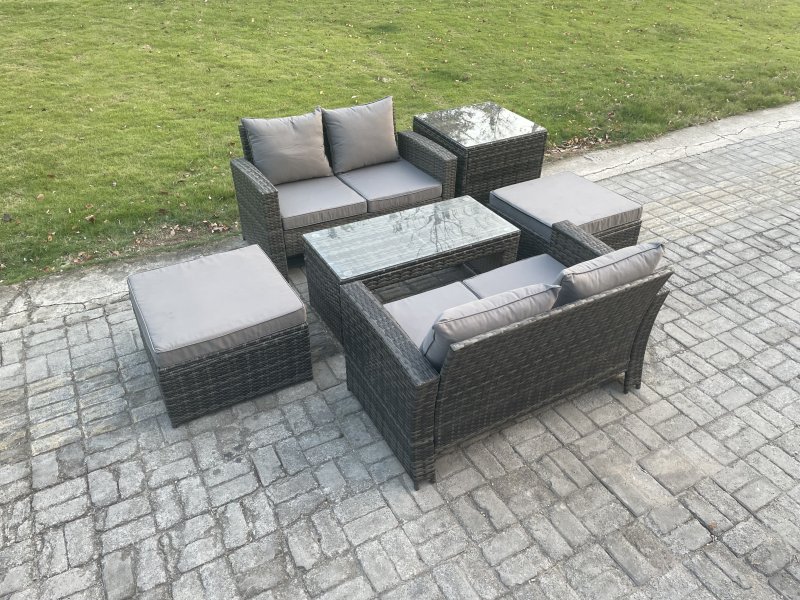 Fimous High Back Rattan Garden Furniture Sofa Sets with Rectangular Coffee Table Side Table 2 Big Footstool Dark Grey Mixed