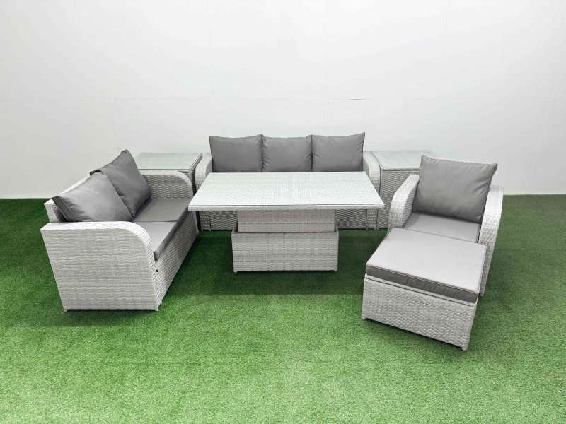 Fimous Patio PE Wicker 7 Seater Outdoor Rattan Furniture Sofa Sets with Adjustable Lifting Dining or Coffee Table Reclining Chair Loveseat Sofa 3 Seater Sofa Big Footstool 2 Side Table Light Grey