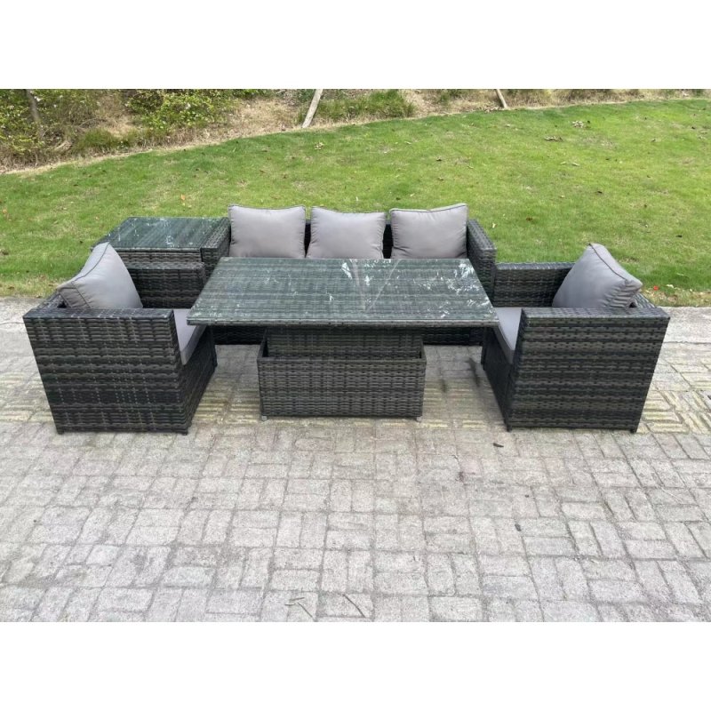 Fimous Outdoor Rattan Garden Furniture Sofa Set Patio Adjustable Rising Lifting Dining Table Set with Side Table 2 Armchairs Dark Grey Mixed