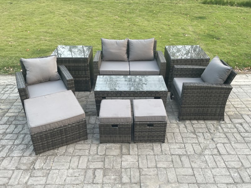 Fimous 9 PCS Outdoor Lounge Sofa Set Wicker PE Rattan Garden Furniture Set with Rectangular Coffee Table Armchair 3 Footstools Dark Grey Mixed