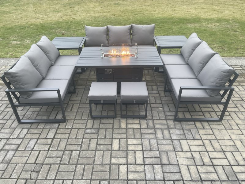 Fimous Aluminium 11 Seater Garden Furniture Outdoor Set Patio Lounge Sofa Gas Fire Pit Dining Table Set with 2 Small Footstools 2 Side Tables Dark Grey