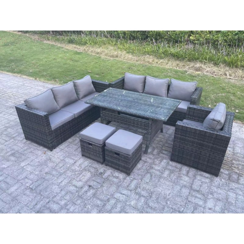 Fimous Outdoor Lounge Sofa Garden Furniture Set Rattan Rectangular Dining Table Patio Chair with 2 Small Footstool 9 Seater Dark Grey Mixed