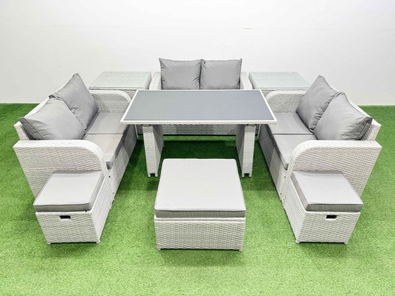 Fimous 9 Seater Patio Garden Furniture Sets with Black Glass Top Dining Table Love Sofa 2 Side Tables 3 Stool Light Grey