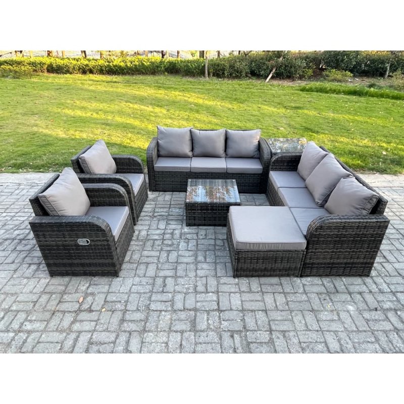 Fimous High Back Rattan Garden Furniture Set with Square Coffee Table Big Footstool Side Table Indoor Outdoor Patio Lounge Sofa Set Dark Grey Mixed