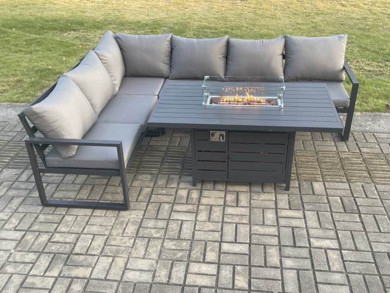 Fimous Aluminium Outdoor Garden Furniture Corner Sofa Gas Fire Pit Dining Table Sets Gas Heater Burner Dark Grey 6 Seater