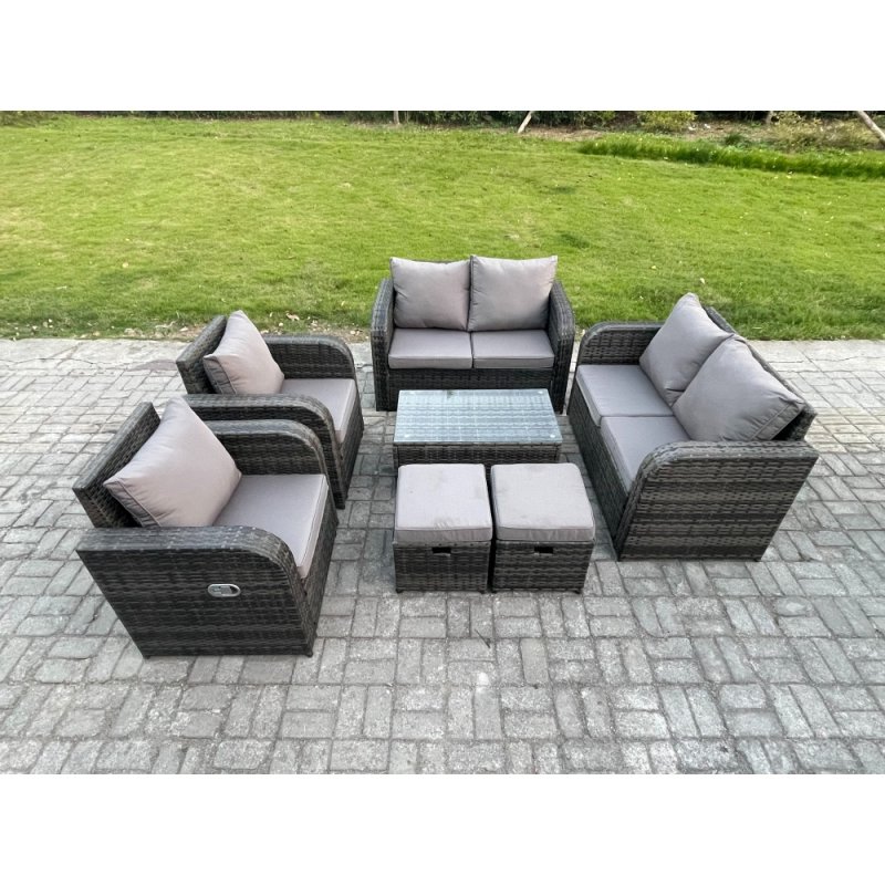 Fimous 8 Seater Rattan Garden Furniture Set Patio Outdoor Lounge Sofa Set with Rectangular Coffee Table 2 Small Footstools Love Sofa Dark Grey Mixed
