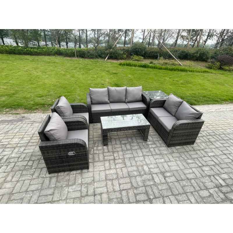 Fimous 7 Seater Outdoor Rattan Garden Furniture Set Patio Lounge Sofa Set with Rectangular Coffee Table Side Table Dark Grey Mixed